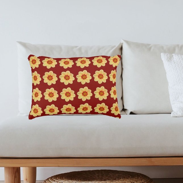 Yellow Dahlia Floral Pattern on Brick Red Decorative Cushion (In Situ)