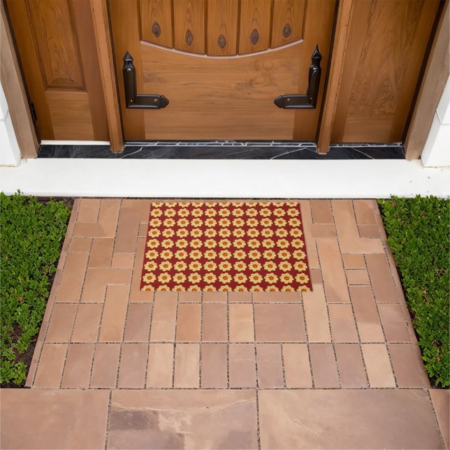 Yellow Dahlia Floral Pattern on Brick Red Doormat (Outdoor)