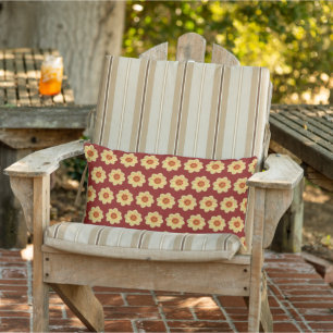 Yellow Dahlia Floral Pattern on Brick Red Lumbar Cushion