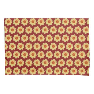 Yellow Dahlia Floral Pattern on Brick Red Pillowcase