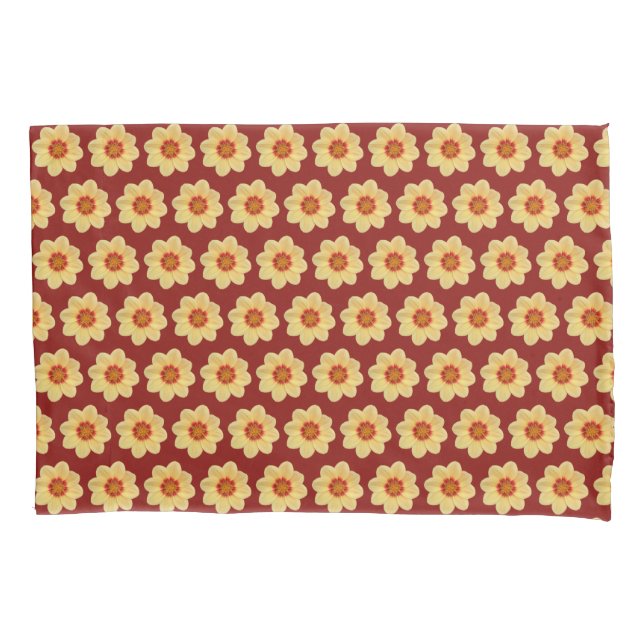 Yellow Dahlia Floral Pattern on Brick Red Pillowcase (Front-Left)