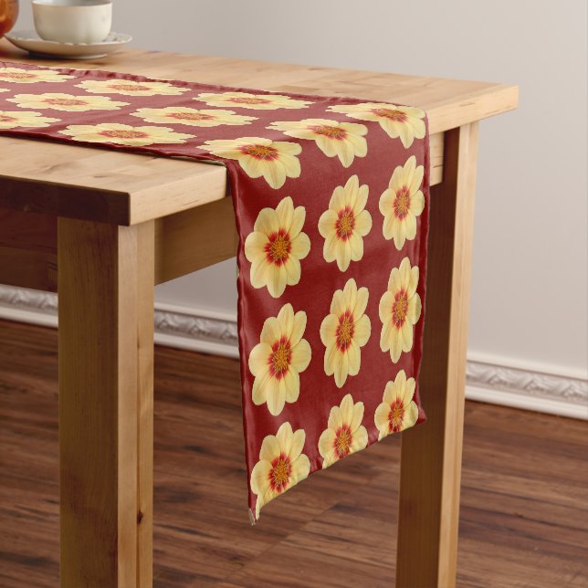 Yellow Dahlia Floral Pattern on Brick Red Short Table Runner (In Situ)