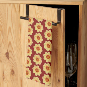 Yellow Dahlia Floral Pattern on Brick Red Tea Towel