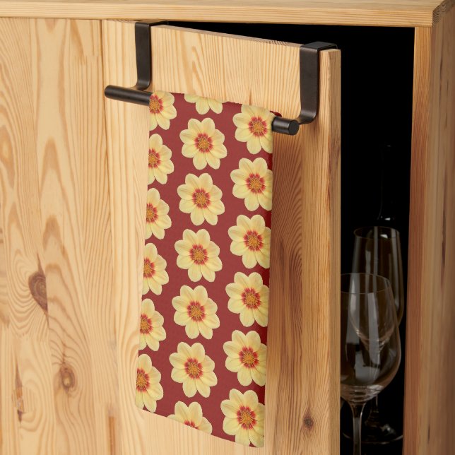 Yellow Dahlia Floral Pattern on Brick Red Tea Towel (Thirds Fold)