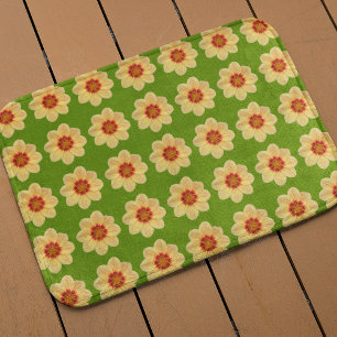 Yellow Dahlia Floral Pattern on Green Bath Mat