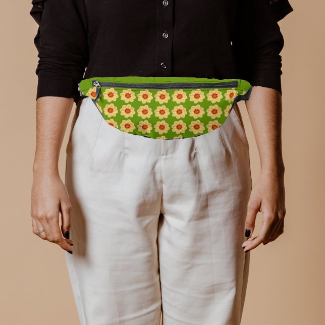 Yellow Dahlia Floral Pattern on Green Bum Bags (In Situ)