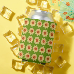 Yellow Dahlia Floral Pattern on Green Can Cooler