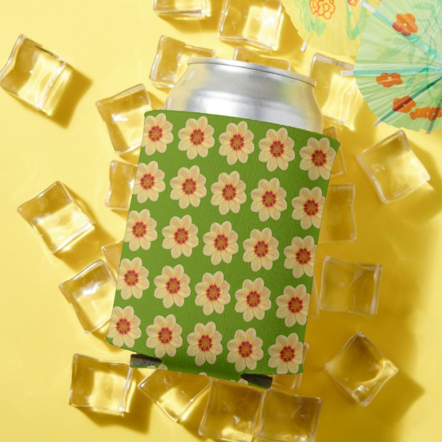 Yellow Dahlia Floral Pattern on Green Can Cooler (In Situ Summer)