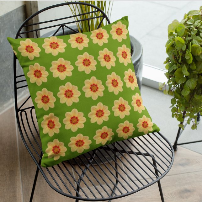 Yellow Dahlia Floral Pattern on Green Cushion (In Situ Patio)