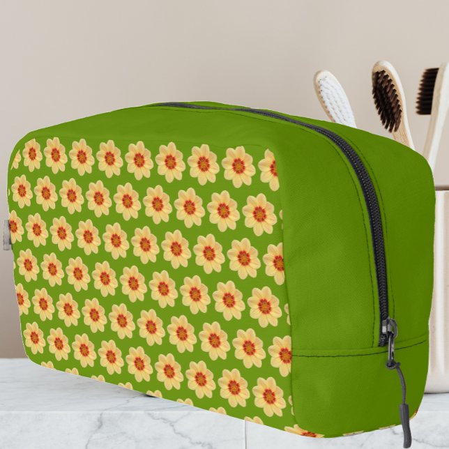 Yellow Dahlia Floral Pattern on Green Dopp Kit (In Situ)