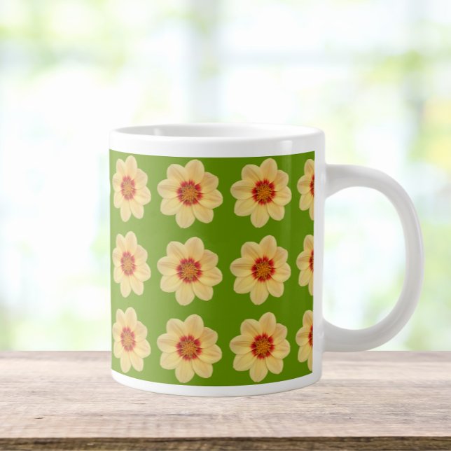 Yellow Dahlia Floral Pattern on Green Large Coffee Mug (In Situ)