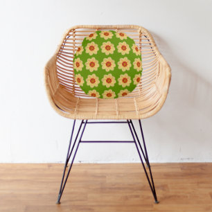 Yellow Dahlia Floral Pattern on Green Round Cushion