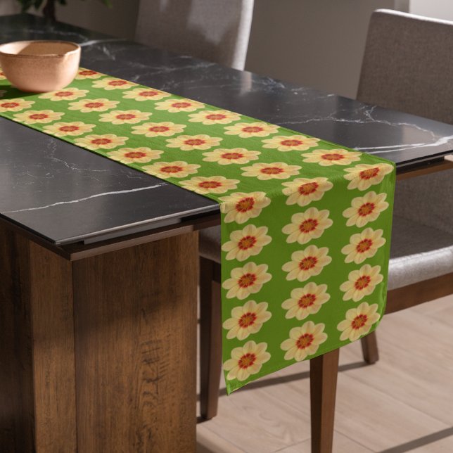 Yellow Dahlia Floral Pattern on Green Short Table Runner (In Situ)