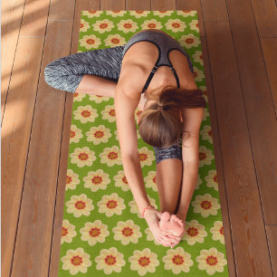 Yellow Dahlia Floral Pattern on Green Yoga Mat