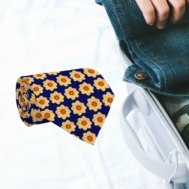 Yellow Dahlia Floral Pattern on Navy Blue Tie (In Situ Rolled)