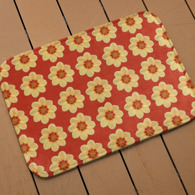 Yellow Dahlia Floral Pattern on Red Bath Mat (In Situ)