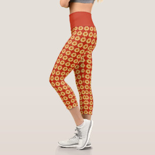 Yellow Dahlia Floral Pattern on Red Capri Leggings