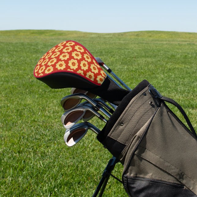 Yellow Dahlia Floral Pattern on Red Golf Head Cover (In Situ)