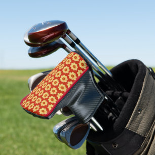 Yellow Dahlia Floral Pattern on Red Golf Head Cover