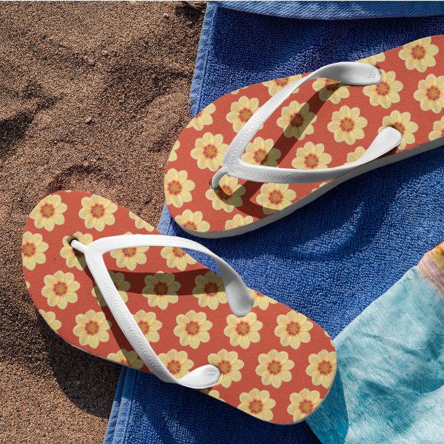 Yellow Dahlia Floral Pattern on Red Jandals (In Situ)