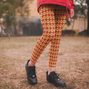 Yellow Dahlia Floral Pattern on Red Leggings