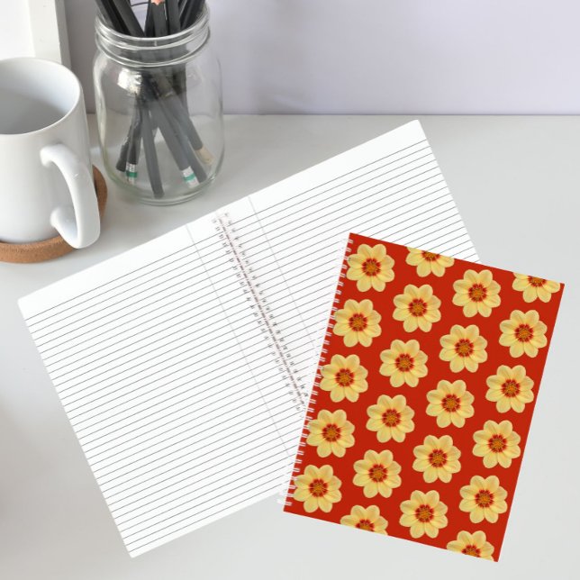 Yellow Dahlia Floral Pattern on Red Notebook (In Situ)