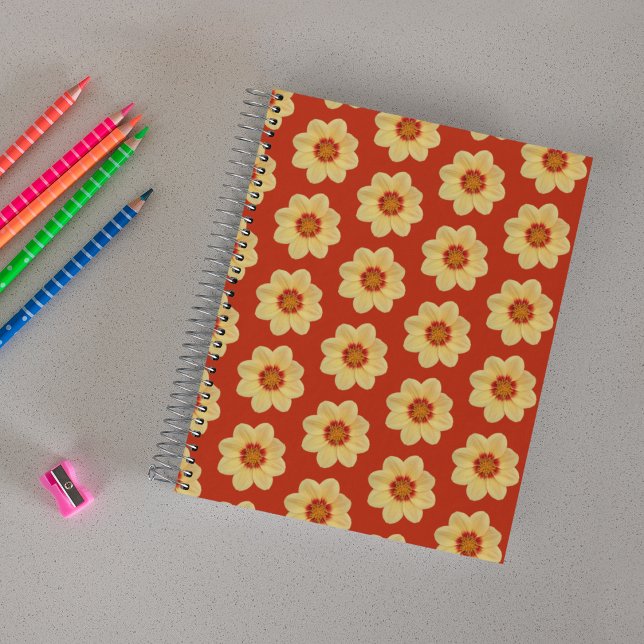 Yellow Dahlia Floral Pattern on Red Notebook (In Situ)