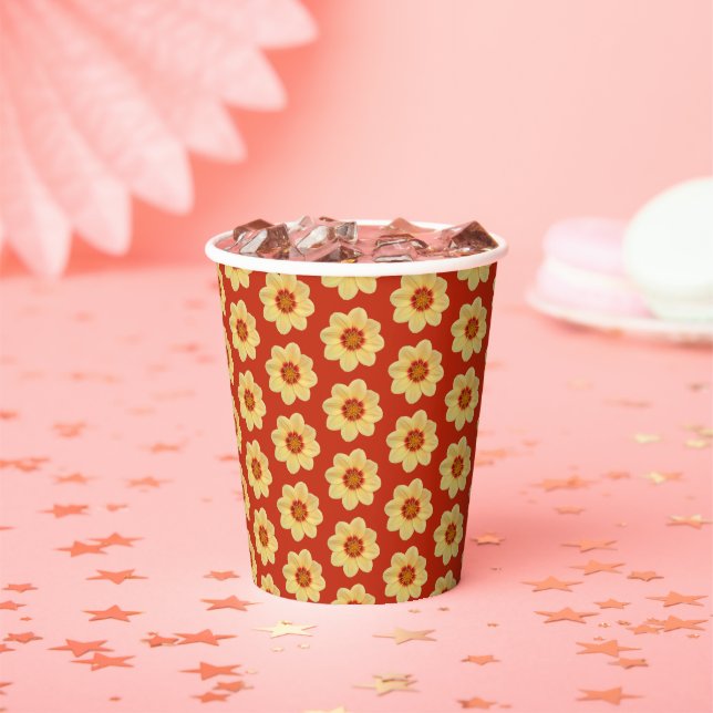 Yellow Dahlia Floral Pattern on Red Paper Cups (Insitu)