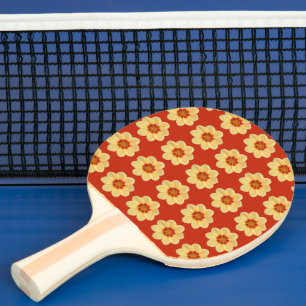 Yellow Dahlia Floral Pattern on Red Ping Pong Paddle