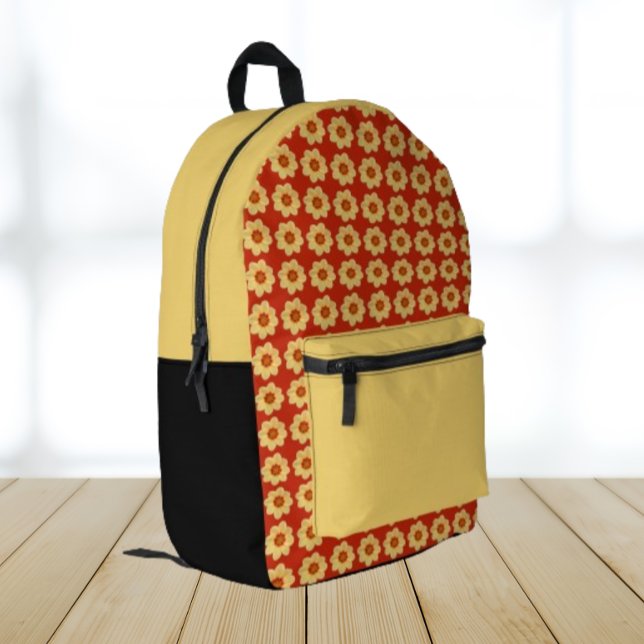 Yellow Dahlia Floral Pattern on Red Printed Backpack (In Situ Angled)