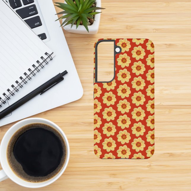 Yellow Dahlia Floral Pattern on Red Samsung Galaxy S22 Case (In Situ)