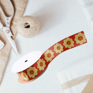 Yellow Dahlia Floral Pattern on Red Satin Ribbon