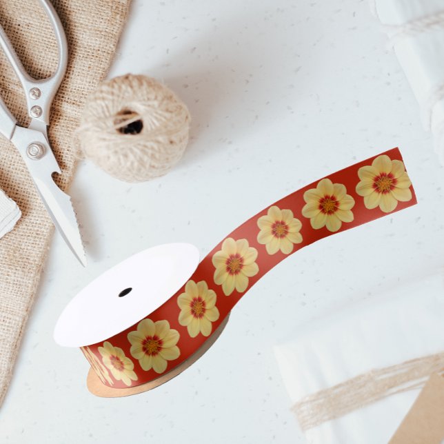 Yellow Dahlia Floral Pattern on Red Satin Ribbon (In Situ)