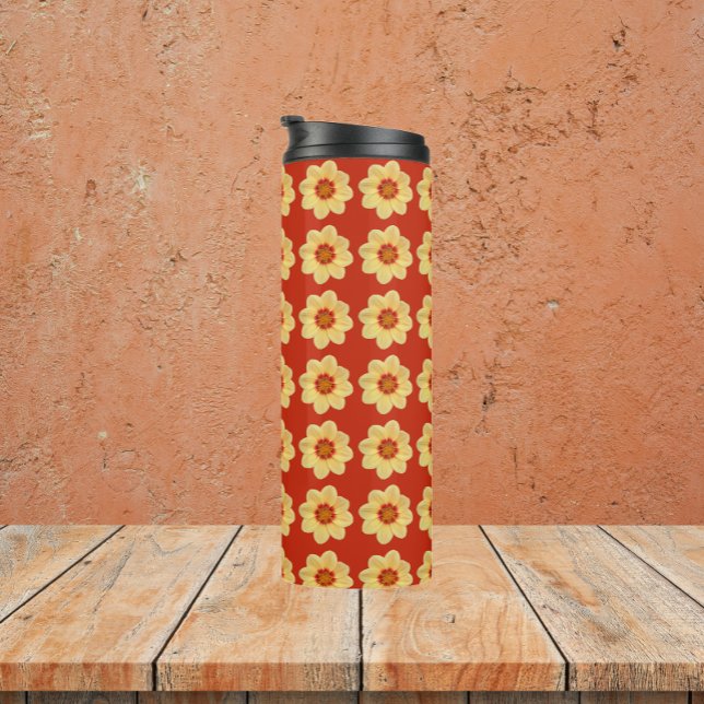 Yellow Dahlia Floral Pattern on Red Thermal Tumbler (In Situ)