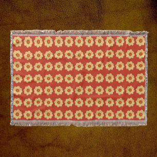 Yellow Dahlia Floral Pattern on Red Throw Blanket