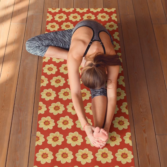 Yellow Dahlia Floral Pattern on Red Yoga Mat (In Situ (Person on Mat))