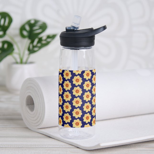 Yellow Dahlia Flower Pattern on Blue Water Bottle (Yoga)