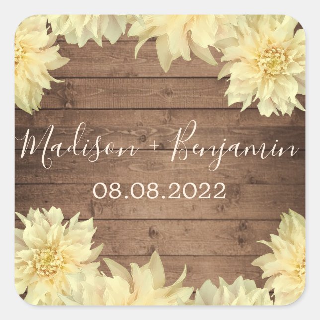 Yellow Dahlia Flower Rustic Wood Wedding Date Square Sticker (Front)