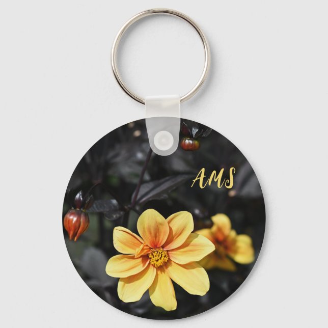 Yellow Dahlia Flowers Wisley Gardens Monogram Key Ring (Front)