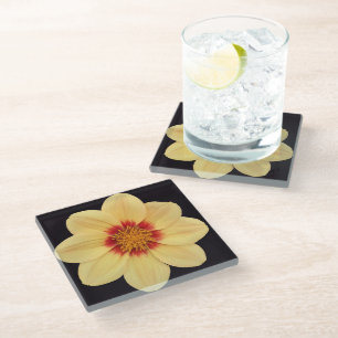 Yellow Dahlia on Black Floral Glass Coaster