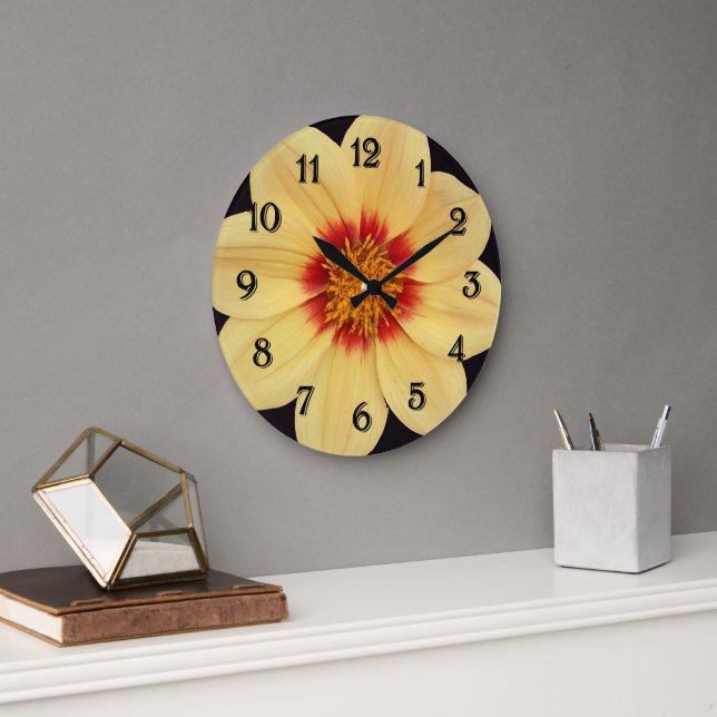 Yellow Dahlia on Black Floral Large Clock (Office)