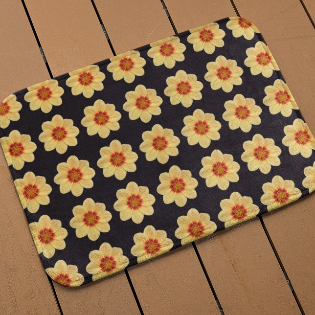 Yellow Dahlia on Black Floral Pattern Bath Mat (In Situ)