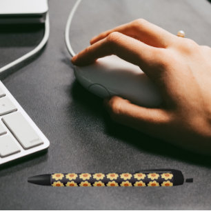 Yellow Dahlia on Black Floral Pattern Black Ink Pen