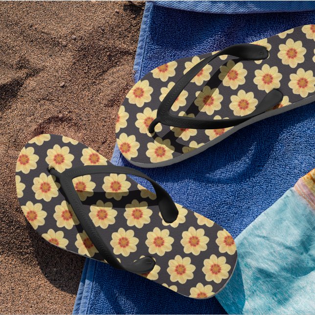 Yellow Dahlia on Black Floral Pattern Jandals (In Situ)