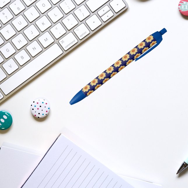 Yellow Dahlia on Blue Floral Pattern Black Ink Pen (In Situ)