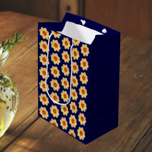 Yellow Dahlia on Blue Floral Pattern Medium Gift Bag