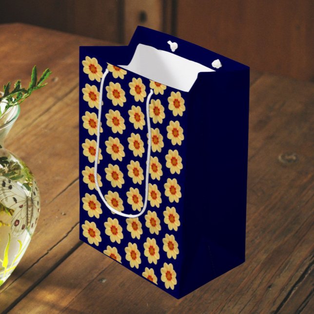 Yellow Dahlia on Blue Floral Pattern Medium Gift Bag (In Situ)