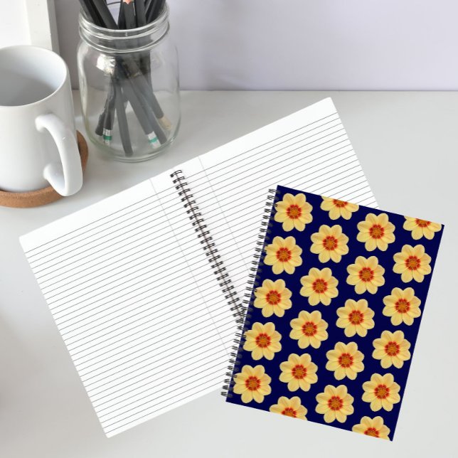 Yellow Dahlia on Blue Floral Pattern Notebook (In Situ)