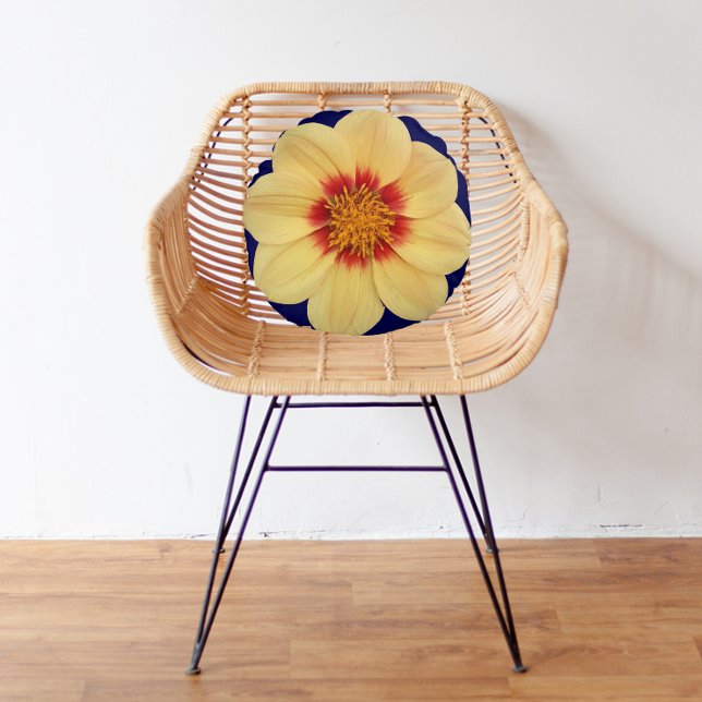 Yellow Dahlia on Blue Floral Round Cushion (In Situ)
