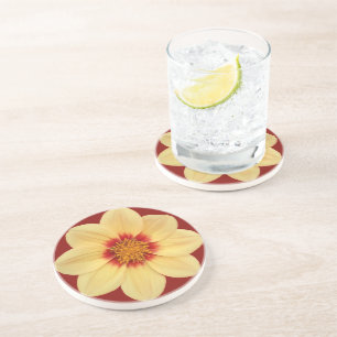 Yellow Dahlia on Brick Red Floral Coaster